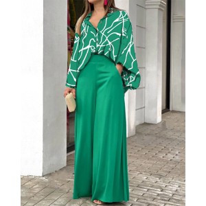 South American Women's New 2024 Printed Casual Set Loose Large Collar Shirt High Waist Wide Leg Pants Two Piece Set