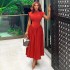 Spot cross-border European and American women's clothing 2024 summer new style temperament round neck waist high waist fishbone A-line skirt dress