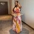 European and American women's clothing 2024 autumn new style elegant print V-neck high waist slimming dress long skirt