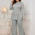 European and American cross-border plus size long sleeved high neck suit Amazon commuting temperament women's clothing slit top micro flared loose pants