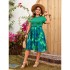 Amazon's new cross-border summer green printed dress with European and American style, fashionable waist cinching and slimming dress for women