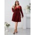 Self developed European and American foreign trade Amazon AliExpress popular deep red V-neck slimming high waisted long sleeved dress