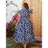 European and American Amazon plus print dress independent station new V-neck short sleeved waist print blue dress