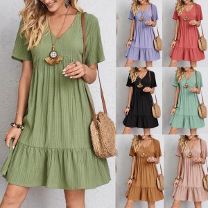 2023 Summer Cross border Foreign Trade European and American Women's Wear Amazon Skirt Loose Casual Short Sleeve Waist Elegant Dress