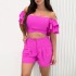 South American Foreign Trade Fashion Leisure Set 2024 Solid Color Ruffle Sleeve Strap Top High Waist Shorts Two Piece Set