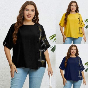 Self developed European and American foreign trade Amazon AliExpress hot summer blue round neck breasted loose top for women