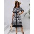 Amazon's new summer European and American printed shirt collar long skirt cross-border V-neck lace up temperament simple dress for women