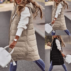 2021 Wish European and American solid color hooded single breasted mid length cotton jacket vest slim fit temperament cardigan jacket top