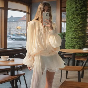 Lazy and sexy mesh bubble sleeve short skirt 2025 spring new style pleated ruffle edge design short dress for women