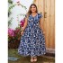 European and American Amazon plus print dress independent station new V-neck short sleeved waist print blue dress