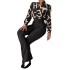 Cross border new casual suit for European and American foreign trade women's clothing, printed stand up collar long sleeved shirt top, wide leg pants two-piece set