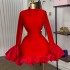 European and American women's clothing 2025 spring new style elegant semi high neck flared sleeves high waist ruffle edge wrapped hip dress