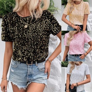 Amazon Cross border New Popular Commuter Loose Short Sleeve Bag Collar Round Neck Top Women's Glitter T-shirt from Europe and America