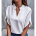 Amazon Foreign Trade 2024 Summer New V-neck Shirt Women's Solid Color Casual Versatile European and American Short Sleeve Hooded Shirt