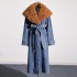 High fashion temperament coat 2025 early spring new collection waist cinching lace up splicing fur collar long denim trench coat