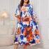 European and American AliExpress loose plus print medium long dress for export to Europe and America, V-neck high waisted dress