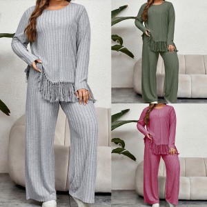 Independently developed European and American cross-border AliExpress Amazon irregular tassel long sleeved top loose wide leg pants set