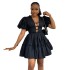 European and American women's clothing 2024 summer new product fresh and sweet V-neck bubble sleeves high waist slimming patchwork A-line dress