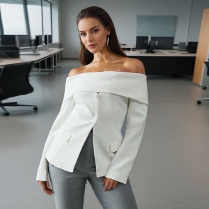 Sexy one neck off shoulder small suit 2025 new slim fit long sleeved high-end solid color suit jacket for women