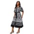 Amazon's new summer European and American printed shirt collar long skirt cross-border V-neck lace up temperament simple dress for women