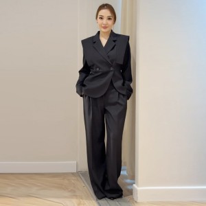 Premium and niche design two-piece set 2025 new temperament shoulder padded suit+fashionable wide leg trousers set