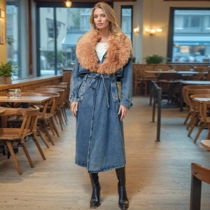 High fashion temperament coat 2025 early spring new collection waist cinching lace up splicing fur collar long denim trench coat