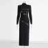 Australian fashion brand stand up collar long sleeved dress for early spring 2025, new high-end style, spliced lace up design, slim fit long skirt