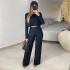 European and American women's 2024 summer round neck short sleeved base shirt pleated high waisted casual pants two-piece set