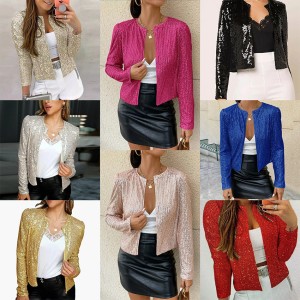 2024 Spring Amazon Cross border Hot Item Round Neck Long Sleeve Solid Color Cardigan Casual Versatile Glitter Coat for Women