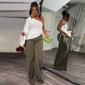 European and American Cross border Women's Clothing 2025 Spring New Style Fashionable High Waist Loose Wide Leg Slimming Pants Solid Color Casual Pants