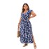 European and American Amazon plus print dress independent station new V-neck short sleeved waist print blue dress