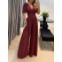 European and American women's 2024 summer new product temperament casual V-neck lace up high waist bubble short sleeved wide leg jumpsuit