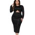 Amazon AliExpress exposed navel one-piece bag buttocks skirt for women cross-border station new round neck long sleeved slit dress for women