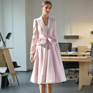 2025 new pink three-dimensional rose two-piece suit with waist cinching and slimming effect+pleated mid length skirt set