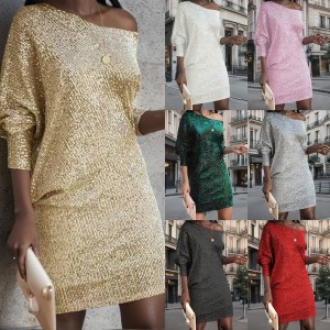 European and American Amazon Cross border New Women's Fashion Solid Color Shoulder Long Sleeve Short Skirt Sparkling Dress Dress Dress Dress