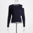 Fashionable and minimalist casual knitted sweater for early spring 2025, new off shoulder hollowed out slim fit, long sleeved solid color sweater for women