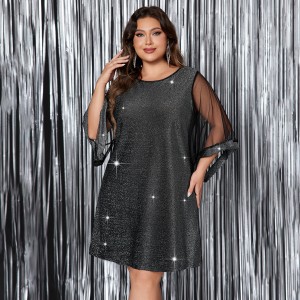 New plus size dress for cross-border foreign trade between Europe and America, Amazon fashion sequin round neck loose waist short sleeved dress