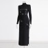 Australian fashion brand stand up collar long sleeved dress for early spring 2025, new high-end style, spliced lace up design, slim fit long skirt