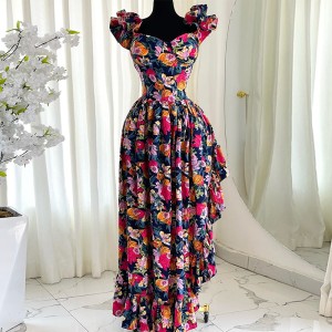 European and American women's clothing 2025 spring new style elegant temperament printed square neck high waist bandage design irregular dress