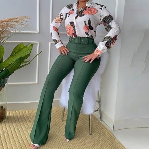 2024 Spring New European and American Cross border Leisure Set Printed Stand up Collar Long Sleeve Shirt Top Wide Leg Pants Two Piece Set