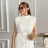 Spot European and American foreign trade women's clothing 2024 spring/summer style fashionable and simple half high collar waist cinched lace up mid length dress