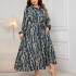 Independent Amazon plus size printed waist cinched plus size dress, AliExpress Europe and America polo collar long sleeved dress