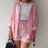 European and American women's two-piece pleated fabric lapel long sleeved shirt, high waisted drawstring shorts, plus size fashionable casual set