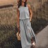 2024 Summer European and American Cross border New Vacation Style Solid Color Round Neck Sleeveless Strap Lantern Split Dress Long Skirt