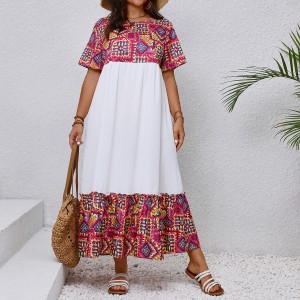 European and American Cross border Foreign Trade Summer New Bohemian Style Long Dress Amazon Round Neck Short Sleeve Long Dress for Women