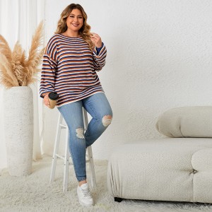 Amazon cross-border foreign trade AliExpress Europe and America plus size women's clothing new striped loose round neck pullover top women's clothing