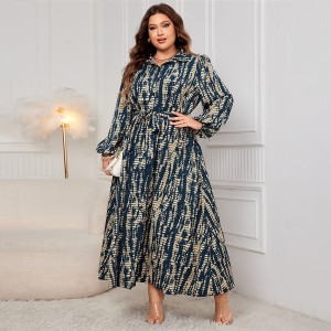 Independent Amazon plus size printed waist cinched plus size dress, AliExpress Europe and America polo collar long sleeved dress