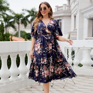 Self developed European and American foreign trade Amazon AliExpress hot summer V-neck navy blue printed plus size dress