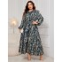 Independent Amazon plus size printed waist cinched plus size dress, AliExpress Europe and America polo collar long sleeved dress