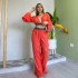 Spot European and American women's clothing 2024 new fresh and sweet pleated V-neck flared sleeve shirt wide leg pants casual set